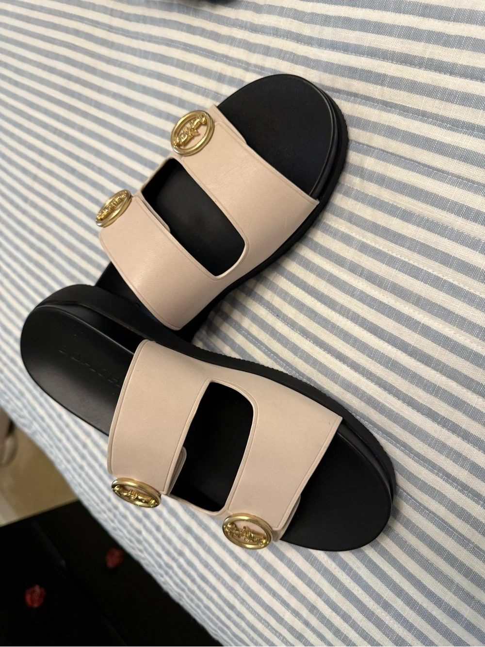 Coach Women's Beige Double-Strap Slide Sandals with Gold Buckles